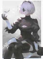 1girl 2b_(nier:automata) artist_name black_dress blindfold boots breasts cleavage cleavage_cutout clothing_cutout dress feather_trim feathers flower gloves gradient_background hair_ornament hairband hand_up highres light_smile lips long_sleeves mole mole_under_mouth nier:automata nier_(series) parted_lips puffy_sleeves revision short_dress short_hair signature sitting solo thigh_boots turtleneck white_hair yct_(yoct_o)