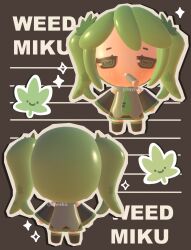 1girl 3d @_@ absurdres alternate_hair_color alternate_hair_ornament blush cannabis_hair_ornament cannabis_leaf chibi chibi_only detached_sleeves english_text green_hair hair_ornament hatsune_miku highres joint_(drug) lavy_(lavnko) leaf_hair_ornament marijuana outline smoking sparkle twintails vocaloid white_outline