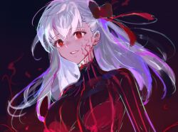 Rule 34 | 1girl, black background, black dress, body markings, breasts, colored extremities, corruption, crying, dark persona, dark sakura, dress, fate/stay night, fate (series), floating, floating hair, gradient background, hair ribbon, heaven&#039;s feel, kuzuvine, large breasts, long hair, long sleeves, matou sakura, purple eyes, red background, red eyes, red ribbon, ribbon, shadow, smile, solo, striped clothes, striped dress, teeth, underlighting, vertical-striped clothes, vertical-striped dress, white hair