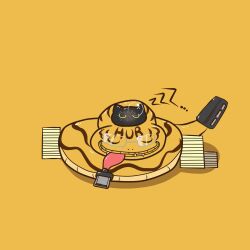 Rule 34 | black skin, botamon, closed eyes, colored skin, digimon, digimon (creature), glasses, highres, hubmon, simple background, sleeping, snake, tongue, tongue out, usb, yellow background, youwantstars, zzz