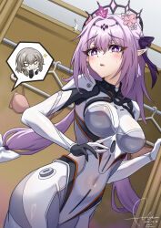 2girls absurdres alternate_costume black_tiara bodysuit bra breasts bright_pupils castorice_(honkai:_star_rail) clothes_hanger commentary_request cosplay covered_navel cowboy_shot dasoin dated dutch_angle earrings firefly_(ar-26710)_(honkai:_star_rail) firefly_(honkai:_star_rail) firefly_(honkai:_star_rail)_(cosplay) fitting_room floating_hair flower grey_bodysuit hair_between_eyes hair_flower hair_intakes hair_ornament highres honkai:_star_rail honkai_(series) impossible_bodysuit impossible_clothes indoors jewelry large_breasts long_hair looking_at_viewer low-tied_long_hair low_twintails mecha_pilot_suit multiple_girls open_mouth panties pink_bra pink_panties pointy_ears purple_eyes purple_hair signature single_earring small_sweatdrop solo_focus speech_bubble spoken_character stelle_(honkai:_star_rail) tiara trailblazer_(honkai:_star_rail) twintails underwear unworn_bra unworn_panties very_long_hair white_pupils