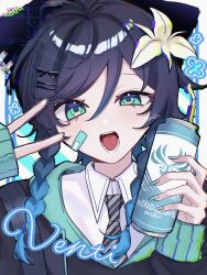 1boy alternate_costume ama_some_(kr0ri) bandages black_hair black_hoodie black_necktie blue_hair blue_nails braid cecilia_flower_(genshin_impact) diagonal-striped_clothes diagonal-striped_necktie energy_drink flower genshin_impact gradient_hair green_eyes hair_flower hair_ornament hairclip highres holding hood hoodie long_sleeves looking_at_viewer multicolored_hair nail_polish necktie open_mouth shirt short_hair_with_long_locks solo striped_clothes twin_braids v venti_(genshin_impact) white_flower white_shirt x_hair_ornament