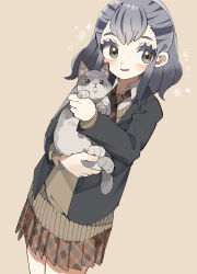 1girl absurdres alternate_costume animal black_jacket blush brown_necktie brown_skirt brown_sweater casual cat collared_shirt cowboy_shot eyeshadow green_eyes grey_eyeshadow grey_hair hair_between_eyes highres hikari_(kemono_friends) holding holding_animal holding_cat jacket kanmoku-san kemono_friends kemono_friends_3 long_sleeves makeup multicolored_hair necktie open_clothes open_jacket pink_background plaid_clothes plaid_necktie plaid_skirt pleated_skirt shirt sidelocks skirt smile solo sparkle sweater white_shirt