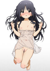 1girl bad_tag bar_censor bare_shoulders barefoot black_hair blush breasts brown_eyes camisole censored clothes_pull collarbone dress feet female flat_chest loli long_hair looking_at_viewer lying mr1thonk navel nipples no_background no_panties nose_blush nude on_back open_mouth original pussy see-through_clothes small_breasts solo transparent_clothes undressing