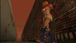 1girl 3d antennae belt blonde_hair boots breasts brown_eyes cleavage costume female_focus gloves hack headphones heart heather_mason legs motor_vehicle outdoors panties plant princess_heart short_hair silent_hill silent_hill_(series) silent_hill_3 skirt sky solo star_(symbol) underwear upskirt van vines wall