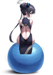 1girl absurdres ass back back_cutout ball bare_shoulders black_dress black_eyes black_hair blue_archive blush butt_crack butterfly_hair_ornament china_dress chinese_clothes clothing_cutout commentary_request double_bun dragon_print dress exercise_ball from_behind grey_halo hair_bun hair_ornament halo hapy_(parkhyunjae9494) highres hip_focus kisaki_(blue_archive) looking_at_viewer looking_back petite print_dress simple_background sitting sitting_on_object sleeveless solo white_background wide_hips