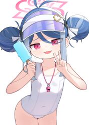 1girl absurdres antenna_hair blue_archive blue_hair covered_navel double_bun flat_chest fubuki_(blue_archive) fubuki_(swimsuit)_(blue_archive) hair_bun halo highres leaning_forward looking_at_viewer official_alternate_costume one-piece_swimsuit open_mouth pink_eyes pink_halo rabbitballoon simple_background solo swimsuit v visor_cap whistle whistle_around_neck white_background white_one-piece_swimsuit