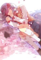 1girl blue_skirt brown_vest closed_eyes commentary_request fate/stay_night fate_(series) hair_ribbon highres homurabara_academy_school_uniform long_hair long_sleeves lying matou_sakura mixed-language_commentary on_side open_mouth purple_hair red_ribbon ribbon school_uniform shirt skirt solo sorad_0410 vest water white_shirt