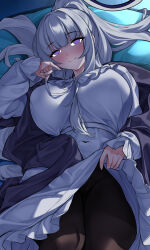 Rule 34 | 1girl, absurdres, bed, blue archive, breasts, clothes lift, dress, dress lift, highres, leggings, long hair, looking at viewer, lying, medium breasts, nightgown, nightgown lift, noa (blue archive), noa (pajamas) (blue archive), official alternate costume, official alternate hairstyle, on back, ponytail, purple eyes, smile, solo, tufang, very long hair, white hair, white nightgown