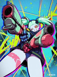 1girl absurdres aiming aiming_at_viewer aqua_background artificial_eye artist_name bare_legs black_jacket black_panties breasts colored_sclera colored_skin crossed_arms cyberpunk_(series) cyberpunk_edgerunners green_hair grin gun handgun highres holding holding_gun holding_weapon huge_weapon jacket leg_tattoo lips long_hair looking_at_viewer mechanical_arms mechanical_eye naughty_face numeko panties rebecca_(cyberpunk) red_sclera samurai_jacket_(cyberpunk) signature smile solo tattoo thong trigger_discipline twintails underwear weapon