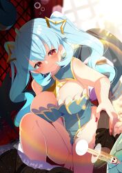 1girl absurdres ahoge aqua_hair blue_hair blush breasts cleavage closed_mouth commission dragon_girl dragon_tail hair_ornament highres large_breasts leotard long_hair looking_at_viewer nail_polish original red_eyes red_nails shiro9jira sitting skeb_commission smile sunlight tail twintails virtual_youtuber wings