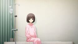 1girl bed brown_eyes brown_hair buttons chaos;child check_clothing clinic clothing_request curtains flat_chest game_cg green_curtains hand_on_lap highres hospital hospital_bed indoors infirmary intravenous_drip iv_stand long_sleeves looking_to_the_side non-web_source official_art on_bed pajamas pink_pajamas puffy_collar puffy_long_sleeves puffy_sleeves sasaki_mutsumi solo swept_bangs tachibana_yui