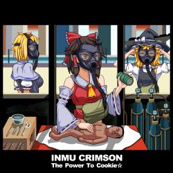 Rule 34 | 1boy, 3girls, album cover redraw, alice margatroid, ascot, black headwear, black vest, blonde hair, blue dress, blue eyes, bow, bowl, braid, breasts, brown hair, capelet, closed eyes, collared shirt, commentary request, completely nude, cookie (touhou), cup, derivative work, detached sleeves, dress, english text, forceps, frilled bow, frilled hair tubes, frilled shirt collar, frills, gas mask, hair between eyes, hair bow, hair tubes, hakurei reimu, hands on own head, hat, highres, hinase (cookie), king crimson, kirisame marisa, long hair, manatsu no yo no inmu, mask, medium breasts, multiple girls, naguchanchin, nude, puffy short sleeves, puffy sleeves, red bow, red shirt, reu (cookie), ribbon-trimmed sleeves, ribbon trim, shirt, short hair, short sleeves, sidelocks, single braid, sleeveless, sleeveless shirt, the power to believe, touhou, tube, turtleneck, upper body, uzuki (cookie), vest, white bow, white capelet, white shirt, white sleeves, wide sleeves, witch hat, yajuu senpai, yellow ascot, yunomi