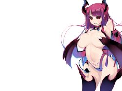 1girl arm_at_side black_sclera black_thighhighs blue_hair breasts colored_sclera covered_erect_nipples curvy demon_girl demon_horns demon_tail demon_wings energy game_cg gradient_hair gradient_thighhighs hair_ornament hairclip horns huge_breasts long_hair low_wings mole mole_on_breast mole_under_mouth mon-musu_quest! mon-musu_quest:_paradox multicolored_hair myusca_(succubus_prison) navel nose open_mouth playing_with_own_hair pointy_ears pubic_tattoo purple_thighhighs red_eyes red_hair red_thighhighs shiki_(psychedelic_g2) smile solo succubus_prison tail tattoo thighhighs thighs variant_set very_long_hair wide_hips wings x_hair_ornament