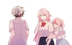 Rule 34 | 1boy, 2girls, a oiui, alternate costume, black hair, black skirt, blue skirt, breasts, grey hair, honkai (series), honkai impact 3rd, kalpas (honkai impact), locked arms, long hair, multicolored hair, multiple girls, pink hair, ponytail, purple eyes, red hair, shirt, short hair, siblings, simple background, sisters, skirt, streaked hair, twitter username, two-tone hair, very long hair, white background, white shirt, yae rin, yae sakura