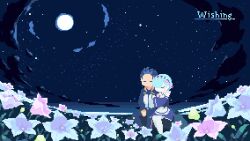 1boy 1girl animated animated_gif arm_hug black_hair blue_hair closed_eyes couple english_text fisheye flower full_moon hetero maid moon natsuki_subaru nature night outdoors oyuzaki_(ayuzaki) pixel_art re:zero_kara_hajimeru_isekai_seikatsu rem_(re:zero) roswaal_mansion_maid_uniform short_hair sitting sky star_(sky) starry_sky wind