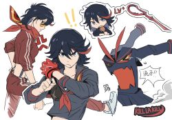 1girl black_hair blue_eyes gloves highres kill_la_kill life_fiber living_clothes matoi_ryuuko multicolored_hair red_hair sapomu4 school_uniform scissor_blade_(kill_la_kill) senketsu serafuku short_hair skirt solo streaked_hair suspenders two-tone_hair