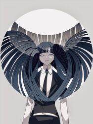 1other belt black_necktie black_shorts black_suit blue_eyes blue_hair collared_shirt colored_skin floating_hair formal_clothes gem_uniform_(houseki_no_kuni) grey_eyes highres houseki_no_kuni jacket lapis_lazuli_(houseki_no_kuni) long_hair looking_at_viewer mt5_014 necktie other_focus puffy_short_sleeves puffy_sleeves shirt short_shorts short_sleeves shorts simple_background smile solo suit suit_jacket very_long_hair white_jacket white_skin