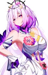 1girl 271 absurdres bare_shoulders bow breasts castorice_(honkai:_star_rail) cleavage dress flower highres honkai:_star_rail honkai_(series) large_breasts long_hair looking_at_viewer pink_flower pointy_ears purple_eyes purple_hair simple_background solo tiara upper_body very_long_hair white_background white_bow white_dress wrist_cuffs yellow_flower