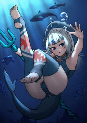 1girl blue_eyes blue_hair blue_hood blue_one-piece_swimsuit blue_thighhighs breasts cameltoe detached_hood dot_nose eyelashes female_focus fish_tail floating full_body gawr_gura grey_hair hololive hood hood_up knee_up leg_up loli long_hair multicolored_hair ocean one-piece_swimsuit open_mouth shark_girl shark_tail small_breasts solo stirrup_legwear streaked_hair suzumiya_ran swimsuit tail thighhighs toeless_legwear toes two-tone_hair virtual_youtuber water