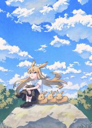 1girl animal_ears black_shoes black_skirt blue_eyes blue_sky brown_hair cloud collared_shirt commentary_request day double-parted_bangs floating_hair hair_between_eyes hand_on_own_wrist highres hugging_own_legs ito_yoshi long_bangs long_hair long_skirt looking_up mary_janes original parted_lips rabbit rabbit_ears rabbit_girl rock shirt shoes short_sleeves skirt sky socks straight_hair sunlight tree white_shirt white_socks wide_shot