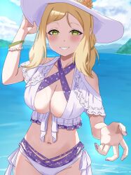 1girl absurdres artist_request beach bikini blonde_hair bracelet breasts cleavage detached_sleeves flower green_eyes hat highres jewelry large_breasts looking_at_viewer love_live! love_live!_sunshine!! mountainous_horizon navel ocean official_alternate_costume official_alternate_hairstyle ohara_mari outdoors solo swimsuit water