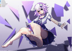 1girl absurdres artist_name barefoot blush choujigen_game_neptune closed_mouth cuffs-to-collar d-pad d-pad_hair_ornament embarrassed feet hair_ornament highres hood hooded_jacket jacket jewelry legs neck_ring neptune_(neptunia) neptune_(series) no_shoes purple_eyes purple_hair short_hair soles toes tomodachi_(tomofanart) usb
