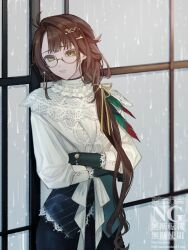 1girl against_window black_skirt brown_hair closed_mouth crossed_arms glasses gloves green_eyes green_gloves highres kakania_(reverse:1999) long_hair looking_at_viewer low_ponytail moon8_8sun ponytail rain reverse:1999 round_eyewear shirt skirt solo upper_body very_long_hair watch watermark white_shirt window wristwatch