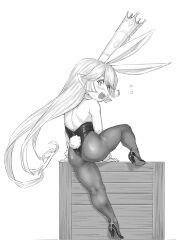 1girl animal_ears ass charlotta_(granblue_fantasy) climbing fake_animal_ears full_body granblue_fantasy greyscale harvin highres leotard long_hair looking_at_viewer looking_back monochrome open_mouth pantyhose playboy_bunny pointy_ears rabbit_ears rabbit_tail solo surprised tail transparent_background yggsil