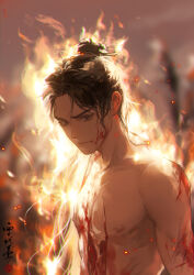 Rule 34 | 1boy, artist name, bare pectorals, black eyes, black hair, blood, blood on arm, blood on chest, blood on face, blood on shoulder, blood on stomach, blurry, blurry background, burning, chinese commentary, closed mouth, collarbone, cuts, dao gui yi xian, depth of field, embers, eyelashes, fire, hair bun, hair ornament, hair stick, injury, li huowang, long hair, looking at viewer, male focus, nipples, nude, pectorals, seal impression, single hair bun, solo, topless male, updo, upper body, xuedaixun