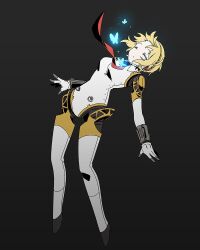 1girl agata120 aigis_(persona) android black_background blonde_hair bug butterfly closed_eyes closed_mouth full_body headphones insect joints persona persona_3 red_ribbon ribbon robot_girl robot_joints short_hair solo