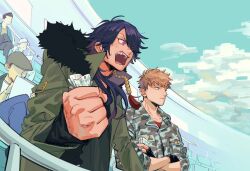 Rule 34 | 5boys, :/, antenna hair, arisugawa dice, asymmetrical hair, betting ticket, black gloves, black shirt, bleachers, blue eyes, blue hair, blue sky, breast pocket, brown hair, busujima rio mason, camouflage, camouflage jacket, clenched hand, cloud, coat, collarbone, collared jacket, crossed arms, crossed legs, dice hair ornament, fingerless gloves, from below, from side, frustrated, fur-trimmed coat, fur trim, gambling, gloves, green coat, grey jacket, gums, hair ornament, hair over one eye, hair over shoulder, holding, hood, hood down, hooded coat, hypnosis mic, jacket, long sleeves, looking afar, male focus, medium hair, multiple boys, nitada, open clothes, open coat, open mouth, parted hair, people, perspective, pink eyes, pocket, red shirt, serious, shirt, short hair, sitting, sky, stadium, sweat, teeth, upper teeth only, v-shaped eyebrows, very short hair, wide-eyed