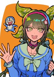 Rule 34 | 1girl, :d, blue shirt, bow, bowtie, breasts, chabashira tenko, choker, collarbone, danganronpa (series), danganronpa 2: goodbye despair, doraemon, doraemon (character), green eyes, green ribbon, hair ribbon, hairband, hands up, highres, large breasts, long sleeves, low twintails, mole, mole under mouth, open mouth, orange background, pink choker, pink hairband, ribbon, sailor collar, shirt, smile, solo, twintails, white background, white bow, white bowtie, white ribbon, white sailor collar, youko-shima