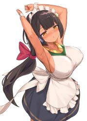 1girl apron armpits arms_up bare_arms bare_shoulders black_hair blush breasts closed_mouth commentary_request covered_erect_nipples cowboy_shot crystal_shoujo dark-skinned_female dark_skin frilled_apron frills highres huge_breasts lady_and_the_papyrus long_hair looking_at_viewer maid maid_apron maid_headdress nephthys_(lady_and_the_papyrus) second-party_source simple_background sleeveless solo very_long_hair waist_apron white_apron white_background white_wrist_cuffs wrist_cuffs yellow_eyes