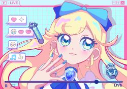 absurdres blonde_hair blue_bow blue_brooch blue_eyes blue_gemstone blue_nails blue_ribbon blush bow chat_log colored_lineart commentary facing_viewer floating_hair gem hair_bow hand_up highres himitsu_no_aipri hoshikawa_mitsuki lips livestream long_hair looking_up microphone pipo_(pipopipopo00) pretty_series ribbon sidelocks star_(symbol) star_in_eye straight_hair symbol_in_eye upper_body