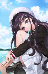 1girl beret black_hair blue_sky cardcaptor_sakura daidouji_tomoyo hat horizon knee_up long_hair looking_at_viewer mary_janes oto1_030 photo-referenced purple_eyes school_uniform shoes sitting skirt sky smile solo tomoeda_elementary_school_uniform water