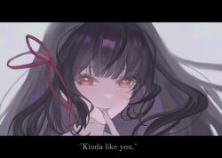 1girl black_choker black_hair chisa_(wuthering_waves) choker commentary english_commentary english_text finger_to_tongue grey_background hair_ribbon highres letterboxed long_hair looking_at_viewer oakspring1882 portrait red_eyes red_ribbon ribbon smile solo tongue tongue_out wuthering_waves