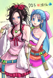 2girls :d absurdres anniversary blue_eyes blue_hair bow bracelet breasts brown_hair choker cleavage commentary_request cowboy_shot deborah_(dq5) dragon_quest dragon_quest_v dress earrings flora_(dq5) flower fur_shawl gem gold_choker gold_earrings gradient_background green_background green_gemstone hair_bow hair_flower hair_ornament hair_pulled_back half_updo highres hoop_earrings jewelry large_breasts long_hair multicolored_dress multiple_girls necklace open_mouth pekuchin_(pekuchin_3) pink_bow pink_dress pink_nails red_flower red_rose rose shawl siblings single-shoulder_dress sisters slime_(dragon_quest) smile twitter_username white_background