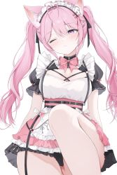 1girl absurdres animal_ears antenna_hair belt belt_collar black_belt black_choker black_collar black_dress black_ribbon blush bow bowtie braid breasts choker cleavage closed_mouth collar commentary dress fang fang_out frills hair_ribbon hakui_koyori hakui_koyori_(dark_maid) hashtag-only_commentary highres hololive key knee_up large_breasts layered_dress long_hair maid_headdress o-ring one_eye_closed pink_bow pink_bowtie pink_dress pink_eyes pink_hair ribbon short_sleeves simple_background solo thighs twintails underbust virtual_youtuber white_background white_ribbon wolf_ears wolf_girl yumiewuri