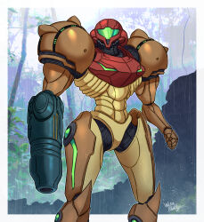 1girl arm_cannon armor artist_name assault_visor clenched_hand commentary_request green_visor highres metroid metroid_prime metroid_prime_1 nintendo power_suit samus_aran science_fiction shoulder_armor signature solo visor_(armor) wakaba_(wata_ridley) weapon