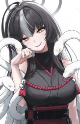1girl absurdres azami_(blue_archive) bell black_kimono blue_archive breasts fangs gabang grey_halo hair_intakes halo head_tilt highres japanese_clothes jingle_bell kimono large_breasts long_hair mole mole_under_mouth multicolored_hair rope shimenawa simple_background sleeveless sleeveless_kimono slit_pupils smile snake_hair tassel turtleneck two-tone_hair white_background white_hair yellow_eyes