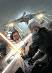 1boy 1girl ahsoka_tano alien baylan_skoll beard black_gloves dual_wielding energy_sword facial_hair fighting gloves grey_hair highres holding holding_sword holding_weapon lightsaber red_lightsaber robe short_hair spacecraft star_wars star_wars:_ahsoka sword taurin_clarke togruta weapon white_lightsaber white_robe