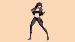abs belt belt_buckle black_hair black_sports_bra boot_straps boots breasts brown_eyes buckle buskhusker cleavage collarbone commission cropped_jacket fighting_stance gauntlets grey_jacket high_collar high_heel_boots high_heels highres holster jacket large_breasts long_hair long_legs messy_hair muscular muscular_female original pale_skin parody pixel_art sera_(judgemint) shadow simple_background sports_bra strap style_parody thigh_holster under_night_in-birth