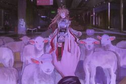 1girl animal_ears arknights blindfold brown_hair collared_shirt eyjafjalla_(arknights) eyjafjalla_the_hvit_aska_(arknights) highres horns indoors jacket long_hair lunifish official_alternate_costume open_mouth pov purple_shirt reaching red_eyes sheep sheep_ears sheep_girl sheep_horns shirt side_ponytail solo_focus white_jacket