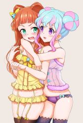 Rule 34 | 2girls, :3, aikatsu! (series), aikatsu stars!, arms around neck, babydoll, bare shoulders, bell, black legwear, blouse, blue hair, blunt bangs, blush, bow, bow panties, cone hair bun, cowboy shot, double bun, donut hair bun, embarrassed, eyelashes, fang, frilled babydoll, frilled legwear, frilled panties, frilled shirt, frills, garter straps, green eyes, grey background, groin, hair bell, hair bow, hair bun, hair ornament, hanazono kirara, hug, hug from behind, jingle bell, light blue hair, lingerie, looking at another, lowleg, lowleg panties, multicolored hair, multiple girls, open mouth, orange hair, panties, pink hair, purple babydoll, purple eyes, purple panties, saotome ako, shirt, sidelocks, sideways glance, simple background, smile, spaghetti strap, strap slip, thighhighs, tsundere, two-tone hair, underwear, yellow bow, yellow shirt, yoban, yuri