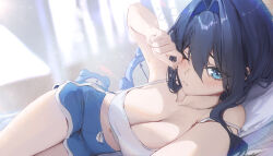 1girl absurdres black_hair blue_eyes blue_shorts breasts camisole cleavage closed_mouth crop_top dolphin_shorts from_side hair_intakes highres hololive hololive_english indoors kronie_(ouro_kronii) large_breasts long_hair looking_at_viewer medium_breasts ouro_kronii rubbing_eyes shorts solo virtual_youtuber white_camisole yoellim5