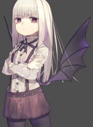1girl absurdres bat_wings belt black_background breasts commentary_request cowboy_shot crossed_arms facing_viewer frilled_shirt frilled_shirt_collar frills highres legs_apart light_frown long_hair looking_at_viewer low_wings miniskirt neck_ribbon original pantyhose ribbon riuichi shirt simple_background skirt small_breasts solo standing white_hair wings