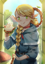 1girl absurdres belt blonde_hair blush braid choker cloak dungeon_meshi eating elf female_focus food green_eyes hair_over_shoulder highres hood hooded_cloak long_hair marcille_donato marushiru pg_(pgouwoderen) pointy_ears sandwich solo staff twin_braids