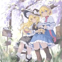 Rule 34 | 2girls, absurdres, alice margatroid, bird, black hat, black shoes, black skirt, black vest, blonde hair, blue dress, blue eyes, bobby socks, boots, bow, braid, briefcase, broom, brown boots, capelet, character doll, closed mouth, doll, double-parted bangs, dress, flower, frilled hairband, frilled skirt, frills, fumo (doll), grass, hair bow, hairband, hat, hat bow, highres, kirisame marisa, long hair, long sleeves, mary janes, multiple girls, mushroom, purple flower, red hairband, red ribbon, ribbon, shijiu (shizuoxing), shirt, shoes, short hair, side braid, sign, single braid, sitting, skirt, smile, socks, touhou, vest, white bow, white capelet, white shirt, white socks, wisteria, wrist cuffs, yellow eyes