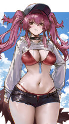 1girl alternate_costume atiarta7 baseball_cap bikini bikini_under_clothes black_bow black_hairband black_shorts bow breasts chromatic_aberration cleavage collarbone commentary curvy earrings hair_bow hairband hashtag-only_commentary hat highleg highleg_bikini highres hood hood_down jewelry long_sleeves looking_at_viewer lupa_(wuthering_waves) multiple_hair_bows navel open_fly parted_lips pink_hair red_bikini red_pupils shiny_skin short_shorts shorts shrug_(clothing) smile solo stomach swimsuit tacet_mark_(wuthering_waves) tail thighs twintails twitter_username white_shrug wide_hips wolf_tail wuthering_waves yellow_eyes